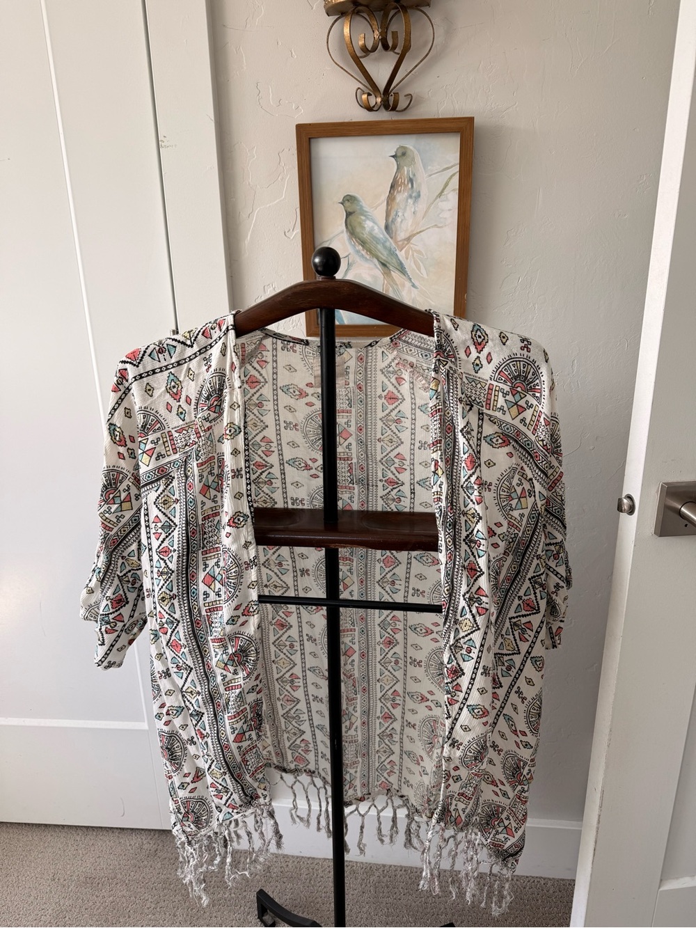 Billabong Cream Fringe Kimono with Black & Red Tribal Print